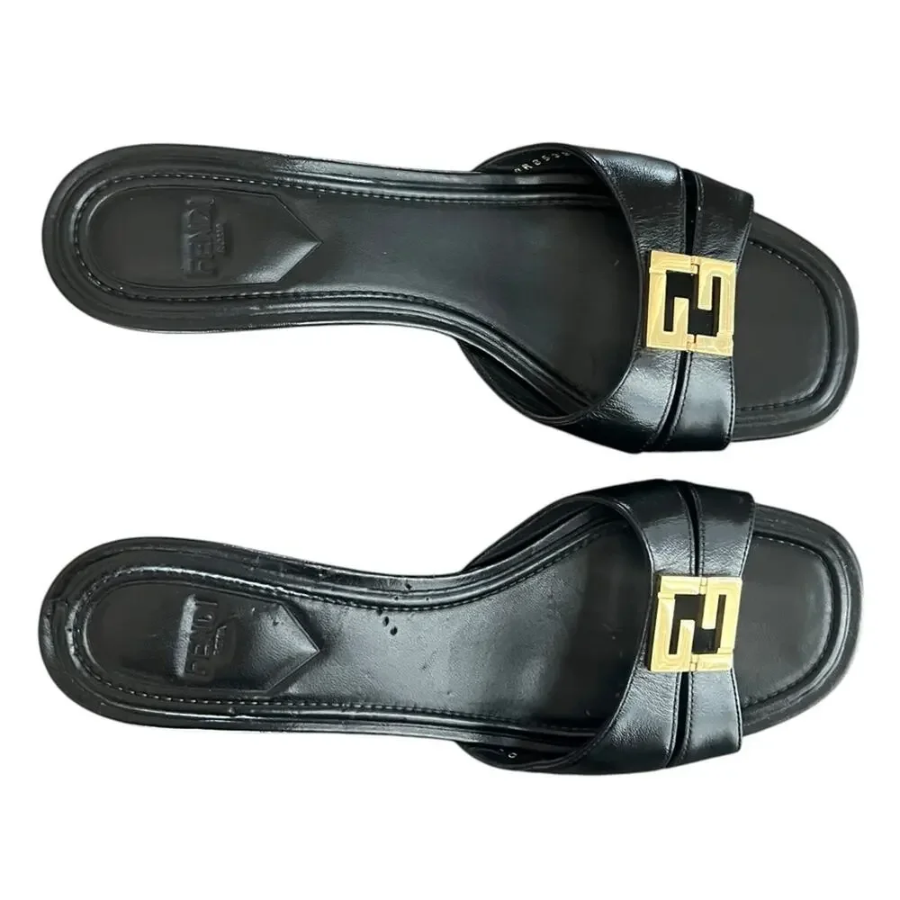 Fendi Women’s Ffold Square Toe Black Leather Gold Hardware Kitten Heel Sandals - Picture 4 of 13